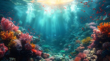 Obraz premium Ethereal Underwater Sanctuary:Graceful Marine Creatures and Vibrant Coral Reefs
