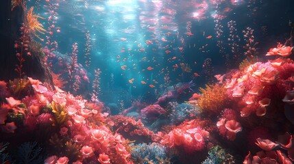 Fototapeta premium Ethereal Underwater Seascape with Graceful Marine Creatures and Coral Reefs