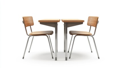 Isolated school desk and chairs on a white background, showcasing simple and functional classroom furniture for students