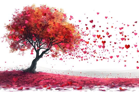 A tree with red leaves and pink hearts falling from it