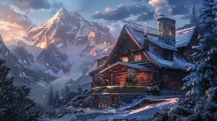Obraz premium Snow-Covered Cozy Mountain Lodge Decorated for Christmas in Winter Wonderland Landscape