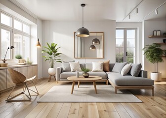 minimalist Scandinavian interior with spotless pale wood floor reflections and soft neutral tones exuding calmness and simplicity in modern living room