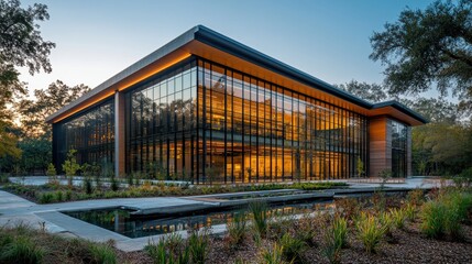 Fototapeta premium A newly constructed industrial facility with a sleek, metallic exterior and a landscaped foreground