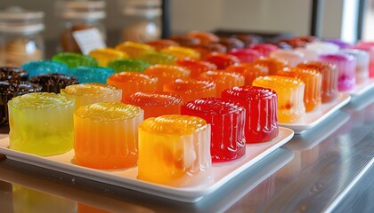 Colorful moon cakes are placed on white plates. 