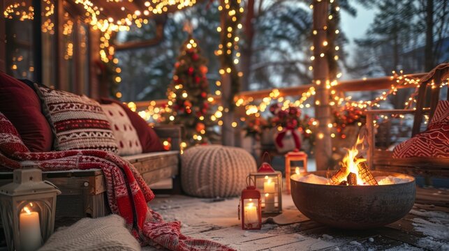 Cozy Outdoor Christmas Seating Area with Festive Decor and Fire Pit for Warm Holiday Evenings