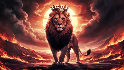 Lion king with a golden crown on a fire background, lion of Judah, lion wallpaper © Sohel Rana