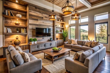 Fototapeta premium Modern farmhouse living room with reclaimed wood accents, sleek smart TVs, and a cozy reading nook illuminated by warm rustic pendant lights.