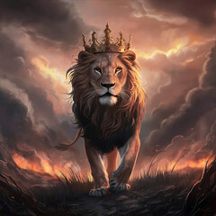 Lion king with a golden crown on a fire background, lion of Judah, lion wallpaper