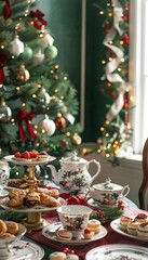 Festive Christmas Afternoon Tea Setup with Fine China, Holiday Pastries, and Decorated Tree