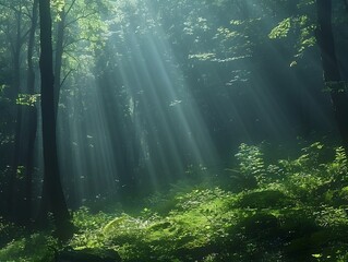 Obraz premium Mystical Enchantment of Misty Woodland with Ethereal Sun Rays