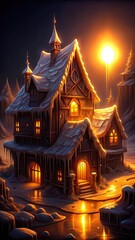 Fototapeta premium A spooky house glows warmly with lights in the windows.