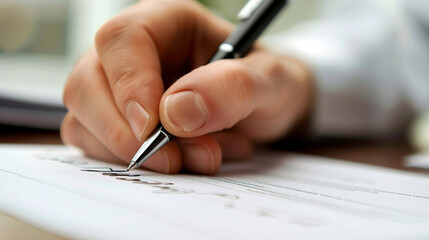 Close-up of a hand signing a contract, with a pen poised over the signature line and office documents in the background