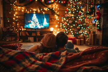 Cozy Christmas Living Room with Couple Watching Holiday Movie Under Soft Blanket