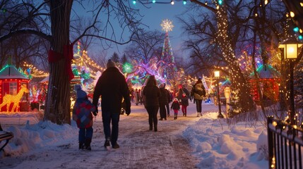 Fototapeta premium Family Walking Through Winter Wonderland Park During Evening Christmas Festivities