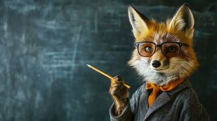 Obraz premium Playful animal dressed as a teacher, with glasses and a pointer, in front of a blurred blackboard, perfect for a school-themed concept