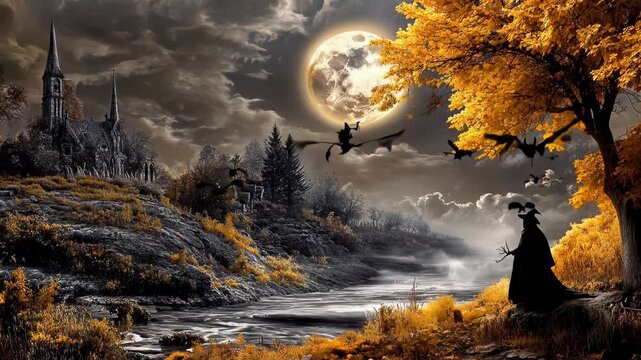 Eerie moonlit landscape with gothic church and autumn trees. Misty river flows beneath stormy sky. Witch silhouette stands by riverbank as bats swoop overhead.	