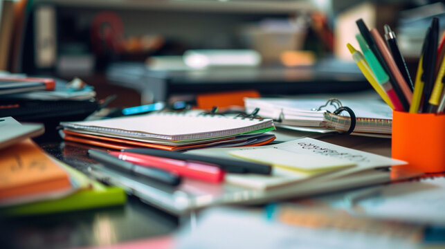 Close-up of a desk cluttered with office supplies, including pens, paperclips, and a notepad
