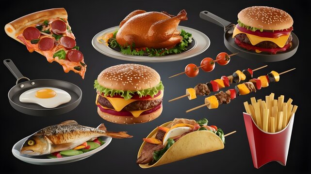 3D vector icon set for fast food and street food. Fried fish, pizza, fried turkey, tacos, french fries, scrambled eggs, and brocheta
