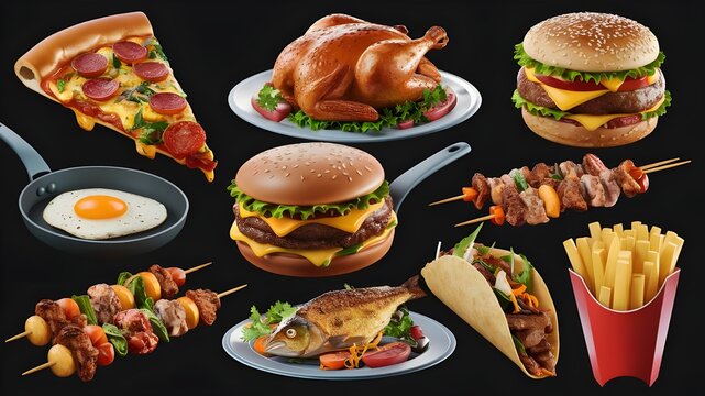 3D vector icon set for fast food and street food. Fried fish, pizza, fried turkey, tacos, french fries, scrambled eggs, and brocheta