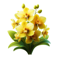 Naklejka premium Yellow orchid flower with leaves isolated on transparent background. Floral design element 