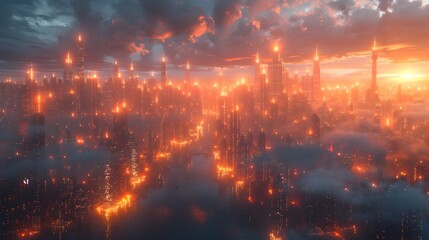 Dramatic Futuristic Cityscape with Neon Lights and Glowing Skyscrapers in a Dystopian Night Scene