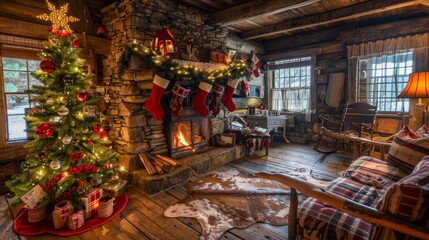 Cozy Rustic Cabin Living Room with Stone Fireplace and Decorated Christmas Tree for Holiday Cheer