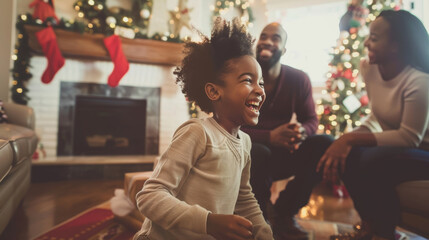Obraz premium Joyful Family Playing Christmas Charades by the Festive Fireplace in a Cozy Living Room