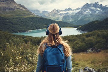 Young woman with a backpack and headphones enjoying a serene mountain lake view, immersed in nature and solitude