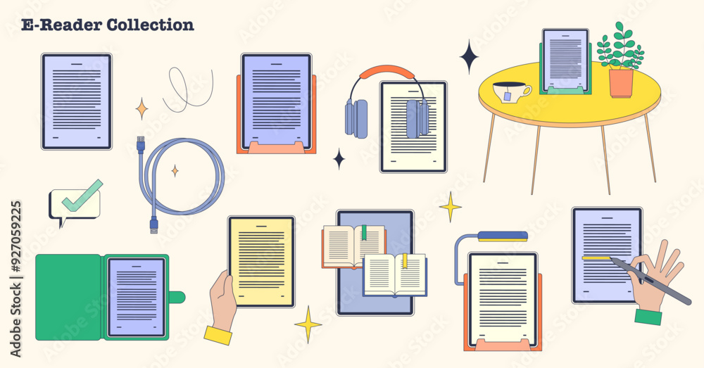 Poster e-reader device for modern electric book reading tiny neubrutalism collection. isolated elements wit