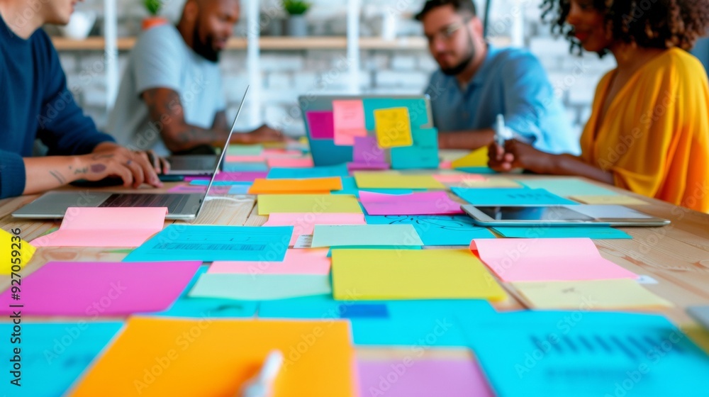 Poster young diverse team brainstorming in modern office with colorful post-it notes, laptops, and charts -