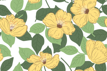 Seamless pattern design with beautiful flowers and leaves. floral and leaf patterns design for fabric, cotton, wallpaper, satin, gift wrap, carpet, background.	