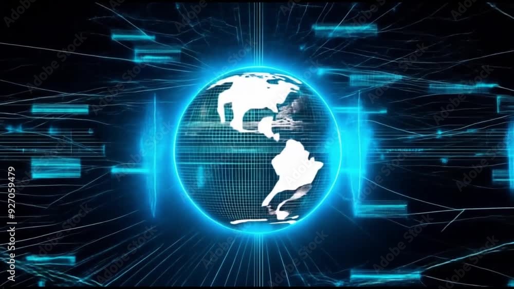 Aufkleber futuristic glowing globe with blue light, surrounded by streaming data lines and digital interfaces,
