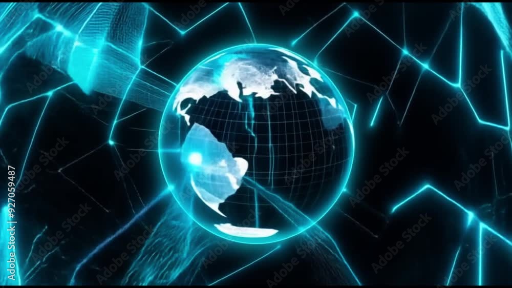 Poster glowing digital globe with a blue hue, surrounded by interconnected lines and nodes, symbolizing glo