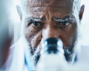 Senior Mixed Ethnicity Male Scientist Analyzing Brain Tissue Sample Under Microscope in Brightly Lit Laboratory, Focused on Alzheimers and Dementia Research
