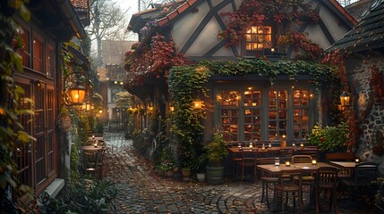 Fototapeta premium Cozy European Cafe with Charming Outdoor Seating and Atmospheric Architecture