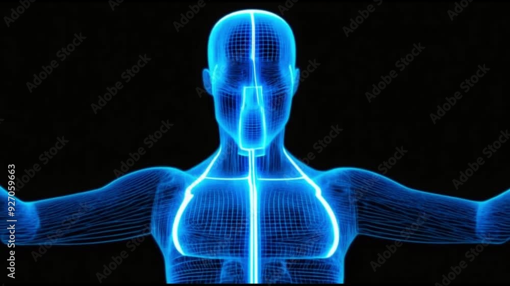 Poster futuristic digital human torso in blue with illuminated internal structures and circuitry-like desig