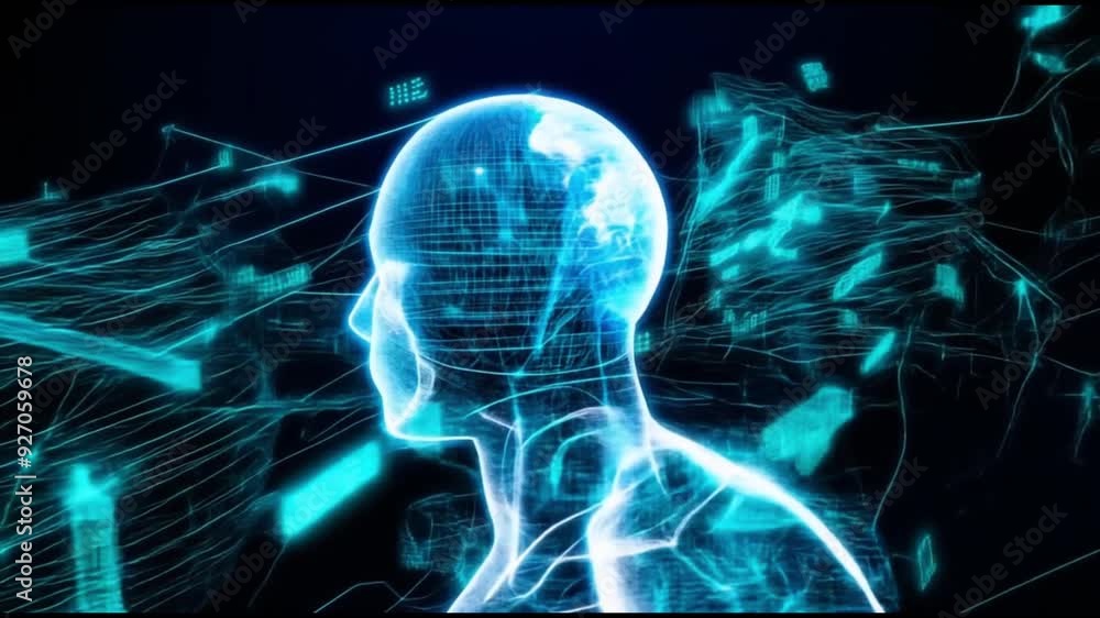 Poster futuristic digital human head with glowing blue lines representing neural networks and data connecti
