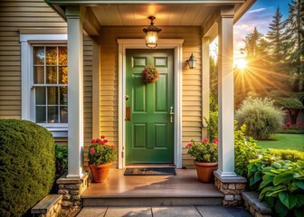 retro style nostalgic vintage green door suburban neighborhood one door open welcoming porch inviting warm sunlight and happy memories