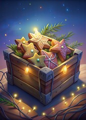 A box of festive star-shaped cookies glows with holiday cheer.