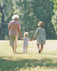 Fototapeta premium Supportive Family Walk Elderly Woman with Alzheimers Enjoying Time with Family in Peaceful Park During Daytime
