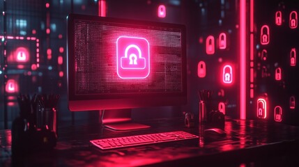 A computer screen shows a security warning with glowing icons in a dark room