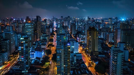 Obraz premium A high-angle view of a city at night, with tall buildings and bright lights, and a road with traffic streaks.