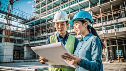  two asian engineer working at site