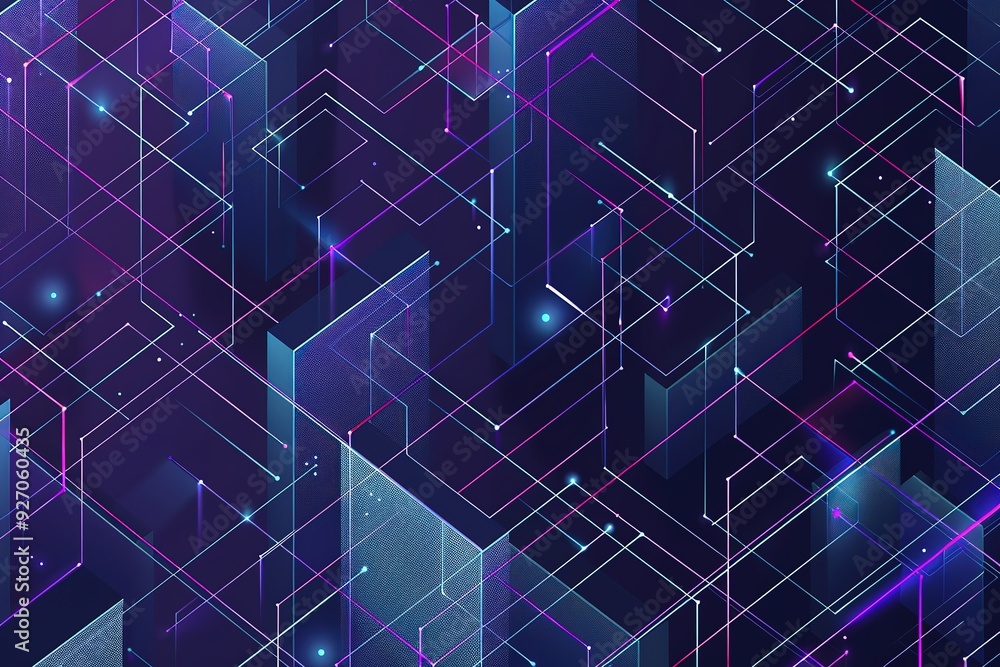 Poster a computer generated image of a cityscape with purple and blue lines