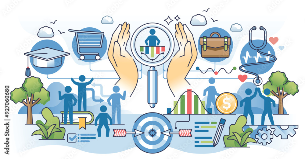 Poster market segmentation and multiple social groups division outline hands concept. community classificat