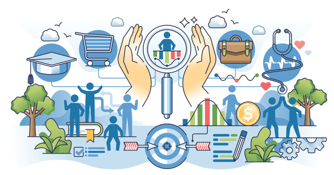 Market segmentation and multiple social groups division outline hands concept. Community classification in psychographic and behavioral sections for targeted audience marketing vector illustration.
