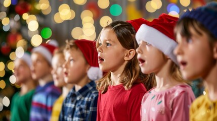 Children Singing Christmas Carols at School Concert With Festive Decorations and Lights