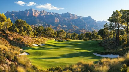 A panoramic view of a pristine golf course with rolling greens, surrounded by majestic mountains and pine forests