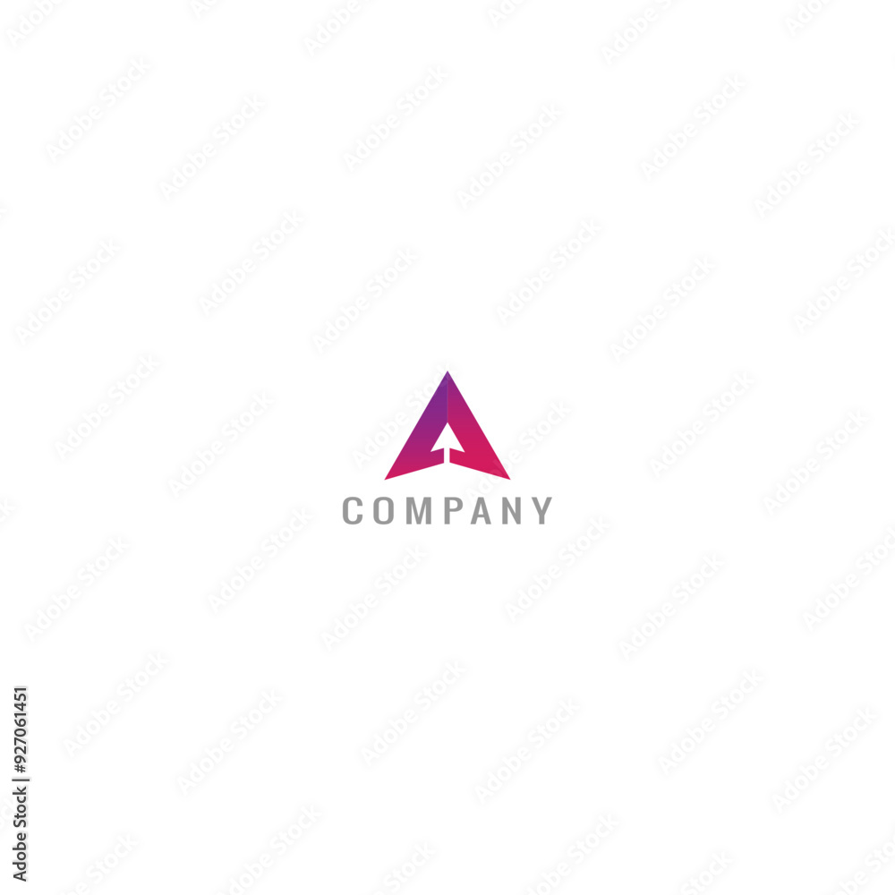 Poster letter a triangular logo with an arrow in negative space on white background.