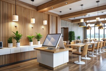 sleek modern restaurant interior with elegant lighting and subtle wood accents featuring pos terminal with accessible menu options on crisp white background